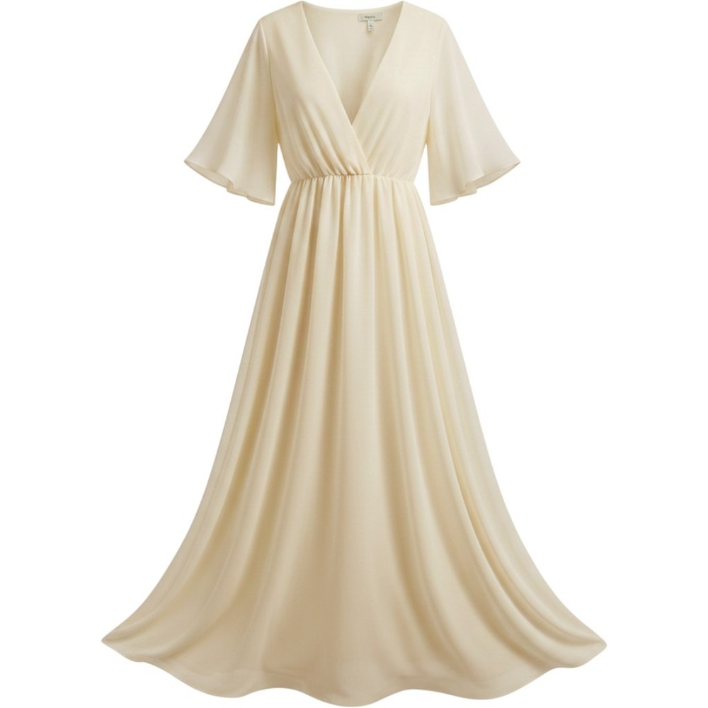 Glitzy Girlz Cream V-Neck Flutter Sleeve Elastic Waist Maxi Dress NWT